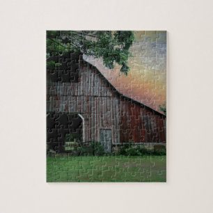 Puzzle grange rouge de paysage de ferme de coucher du