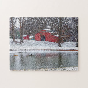 Puzzle Grange rouge sous la neige peintre