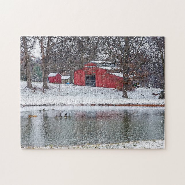 Puzzle Grange rouge sous la neige peintre (Horizontal)