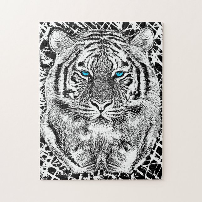 Puzzle Graphique noir et blanc de tigre d'yeux bleus (Vertical)