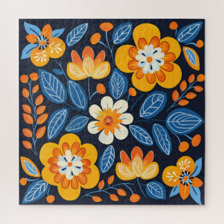 Puzzle Gras Retro Floral Illustration en orange et bleu