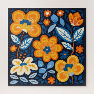 Puzzle Gras Retro Floral Illustration en orange et bleu