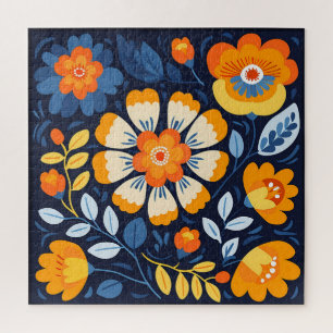 Puzzle Gras Retro Floral Illustration en orange et bleu