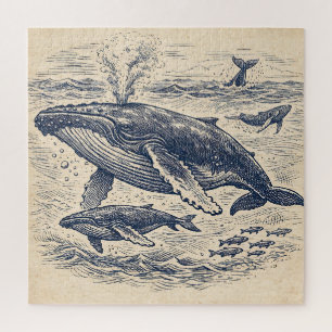 Puzzle Gravure vintage de groupe de baleines à bosse