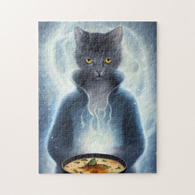 Puzzle Gray Chat en bleu manger soupe dans l'espace (Vertical)