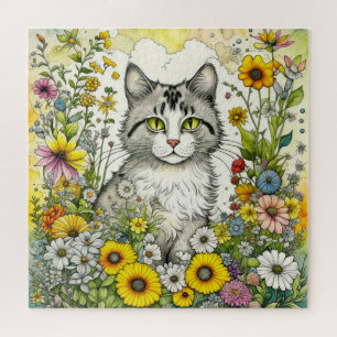 Puzzle Gray Kitty Chat assis en Fleurs
