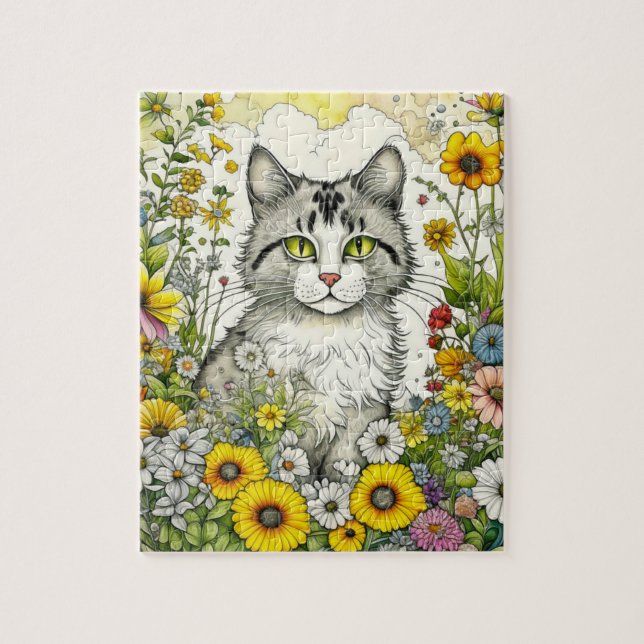 Puzzle Gray Kitty Chat assis en Fleurs (Vertical)