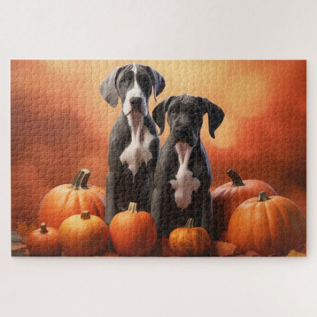 Puzzle Great Dane Puppy Autumn Delight Pumpkin (Horizontal)