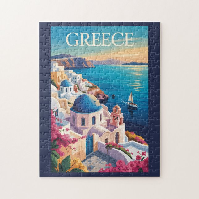 Puzzle Grèce Santorin Illustration Voyage Art Vintage (Vertical)