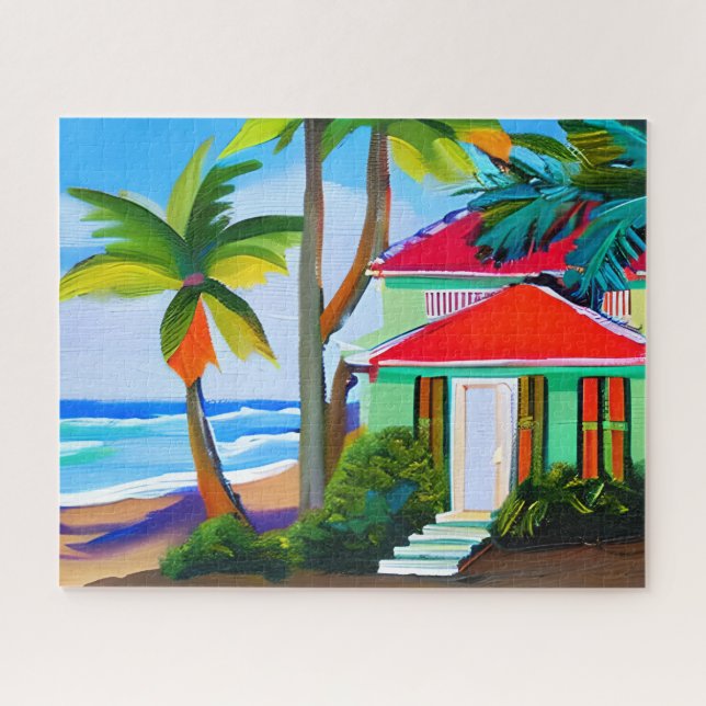 Puzzle Green Beach House Art Océan Tropical (Horizontal)