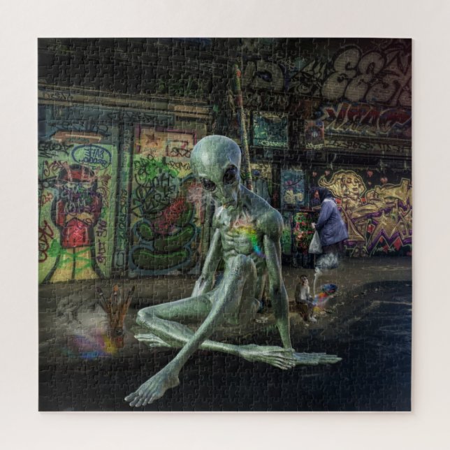 PUZZLE GREEN GREY ALIEN SITTING ON PAVEMENT WITH GRAFFITI (Vertical)
