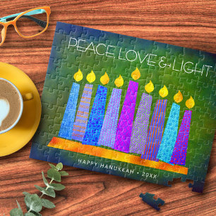 Puzzle Green Hanoukka Peace Love Light Bold Boho Candles