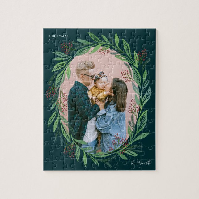 Puzzle Green Illustrated Leaf Wreath Photo Frame Holiday (Vertical)