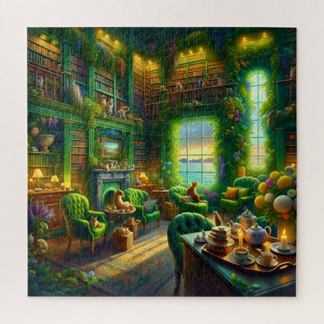 Puzzle Green Library Cat Tea Time Coastal View (Vertical)