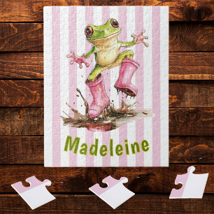 Puzzle Grenouille mignonne en bottes de pluie roses Monog
