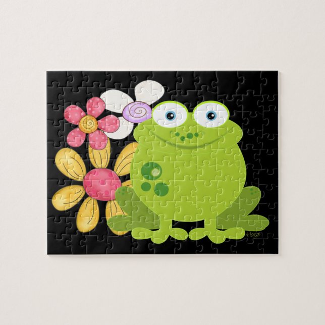 Puzzle Grenouille mignonne et fleurs (Horizontal)