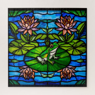 Puzzle Grenouille verte en vitrail et fleurs de nénuphar 
