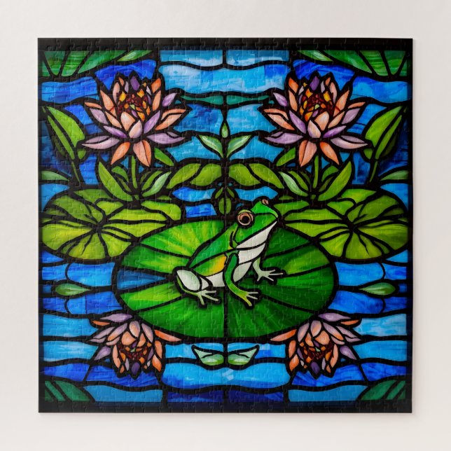 Puzzle Grenouille verte en vitrail et fleurs de nénuphar  (Vertical)