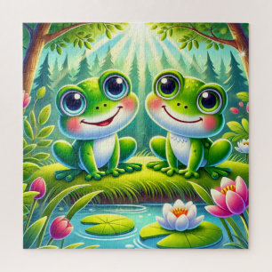 Puzzle Grenouilles de dessin animé adorables assises sur 