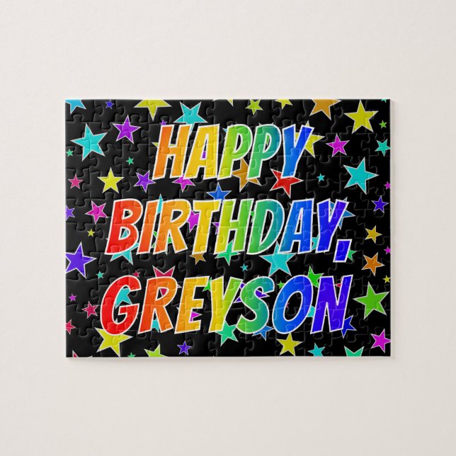 Puzzle "GREYSON" Prénom, Amusant "HEUREUX ANNIVERSAIRE" (Horizontal)