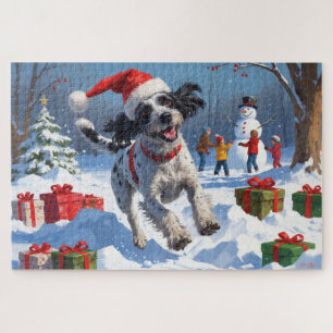 Puzzle Griffon à poil dur avec un chapeau de Noël enneigé