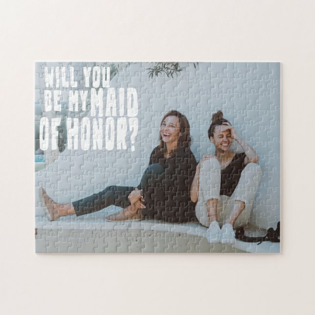 Puzzle Groovy Text Overlay Maid Honor Photo Proposal Card (Horizontal)