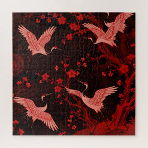 Puzzle Grue rouge motif de chinoiserie de fleurs de ceris