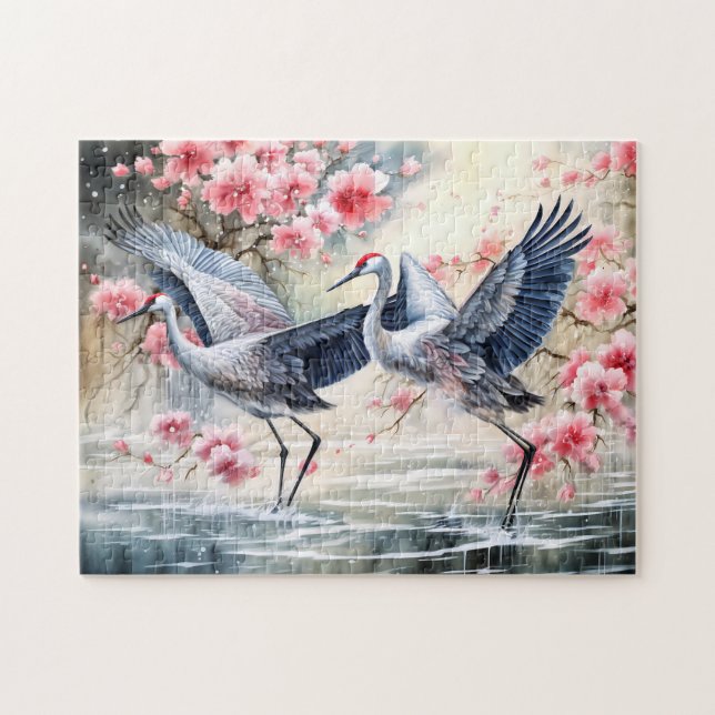 Puzzle Grues dans l'eau avec reflets floraux (Horizontal)