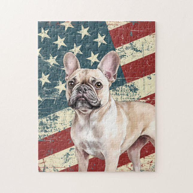 Puzzle Grunge American Flag Fawn Tan French Bulldog (Vertical)