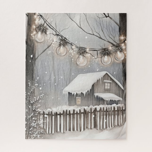 Puzzle Guirlande lumineuse pour cabane enneigée en hiver (Vertical)