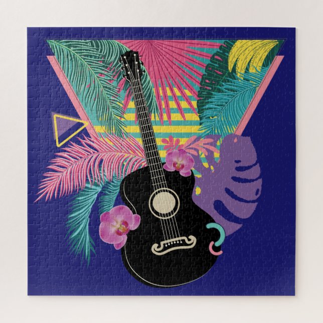 Puzzle Guitare acoustique et feuilles tropicaux et fleurs (Vertical)