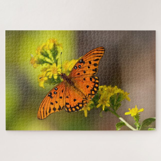 Puzzle Gulf Fritillary aka Passion Butterfly on Goldenrod (Horizontal)