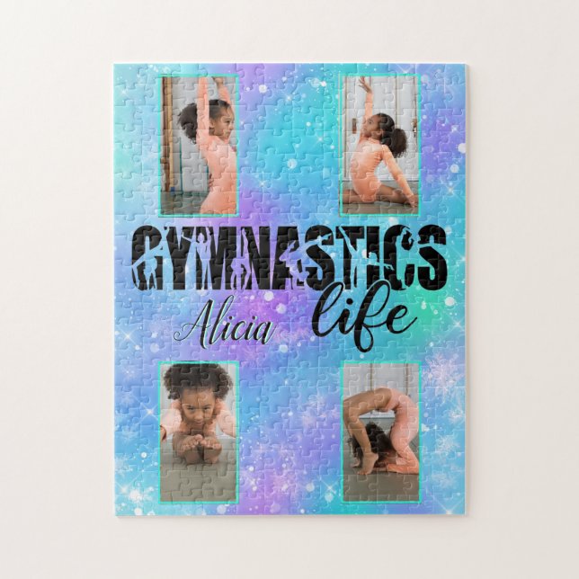Puzzle Gymnastique Life Pastel Nom personnalisé & 4 Photo (Vertical)