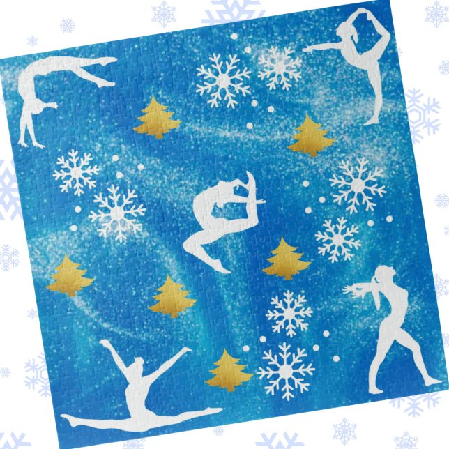 Puzzle Gymnastique Noël bleu étincelle Motif blanc (Gymnastics Christmas Blue Sparkle White Pattern Jigsaw Puzzle)
