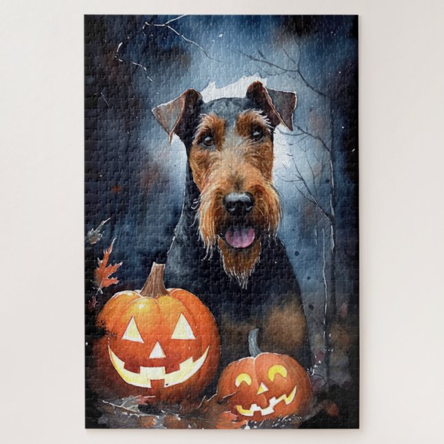 Puzzle Halloween Airedale Avec Peur Citrouille (Vertical)