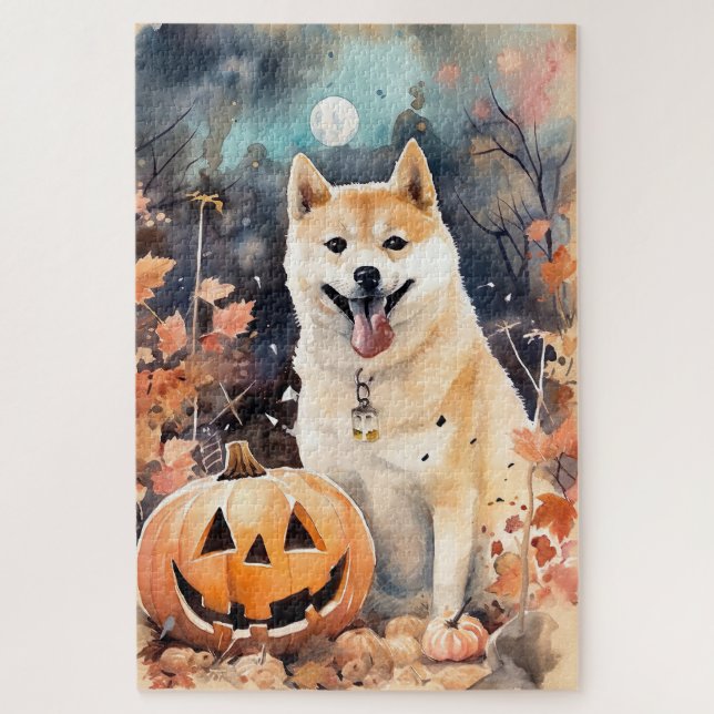 Puzzle Halloween Akita Avec Peur Citrouille (Vertical)