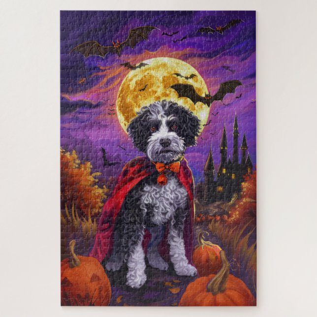 Puzzle Halloween Bernedoodle Chien Citrouilles Épouvantab (Vertical)