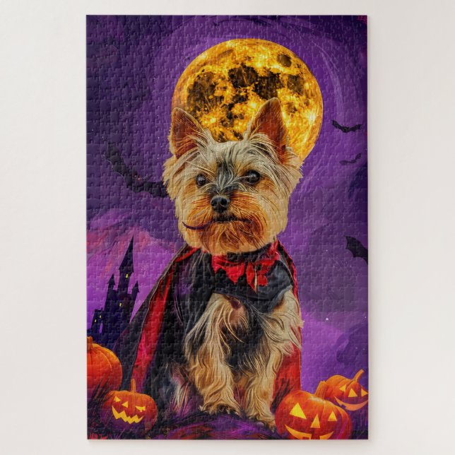 Puzzle Halloween Biewer Terrier Chien Citrouille peur (Vertical)