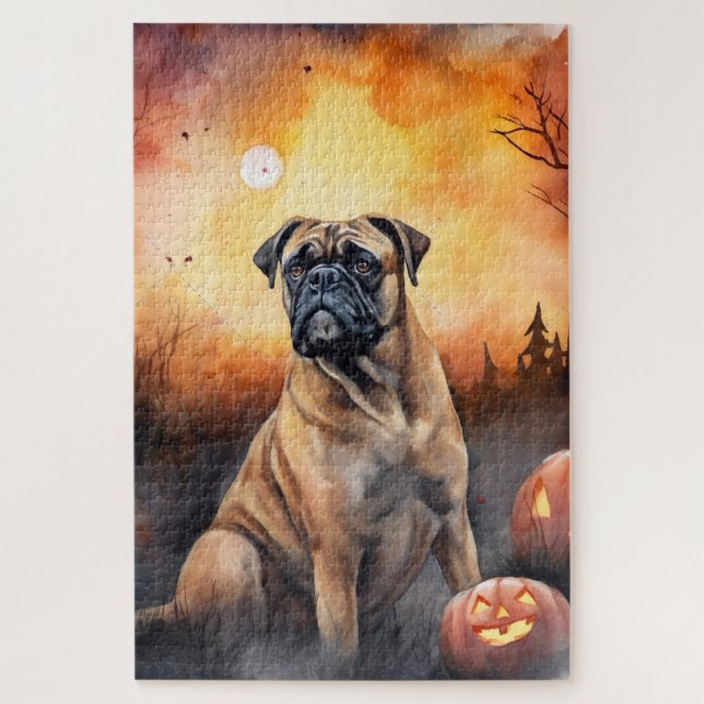 Puzzle Halloween Bullmastiff avec citrouilles effrayant (Vertical)