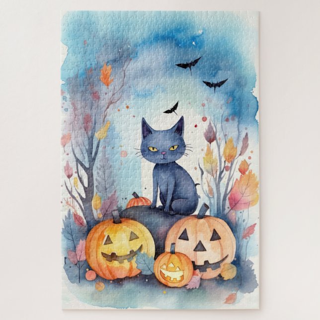 Puzzle Halloween Chat Bleu Oriental Avec Peur Citrouille (Vertical)