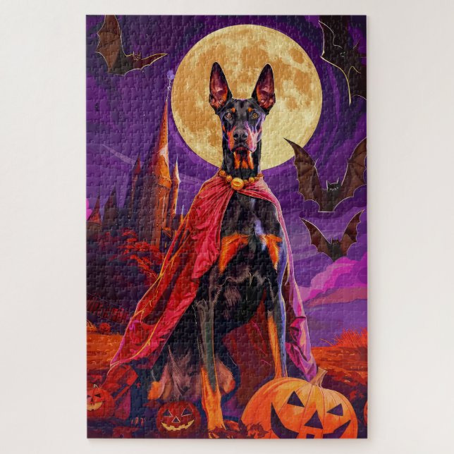 Puzzle Halloween Doberman Vampire Citrouilles effroi (Vertical)