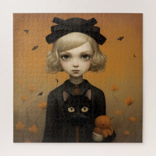 Puzzle Halloween fille et chat