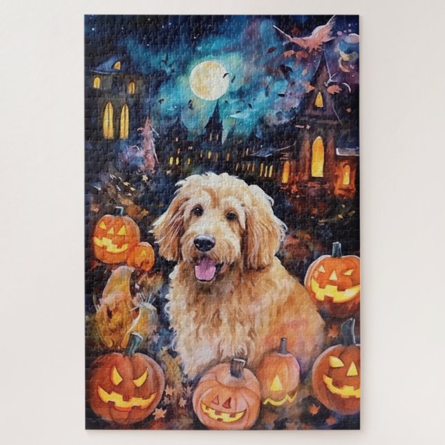 Puzzle Halloween Goldendoodle avec la peur Citrouille (Vertical)