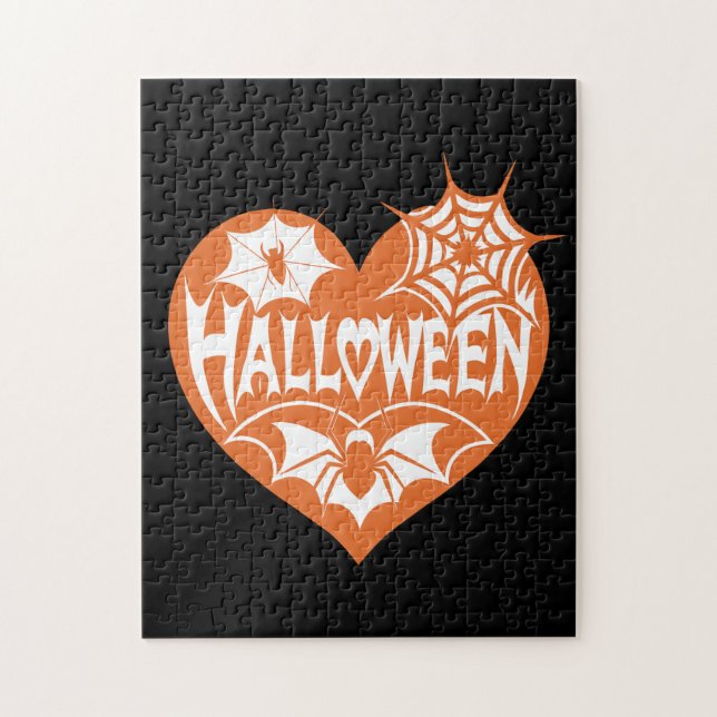 Puzzle Halloween Heart, Orange Heart Shape, Spider Web (Vertical)