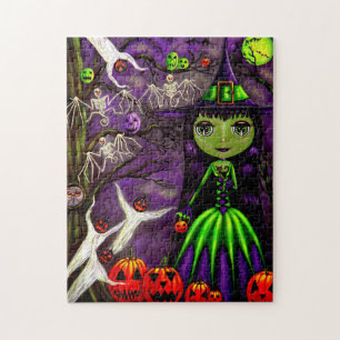 Puzzle Halloween jolie sorcière verte grands yeux