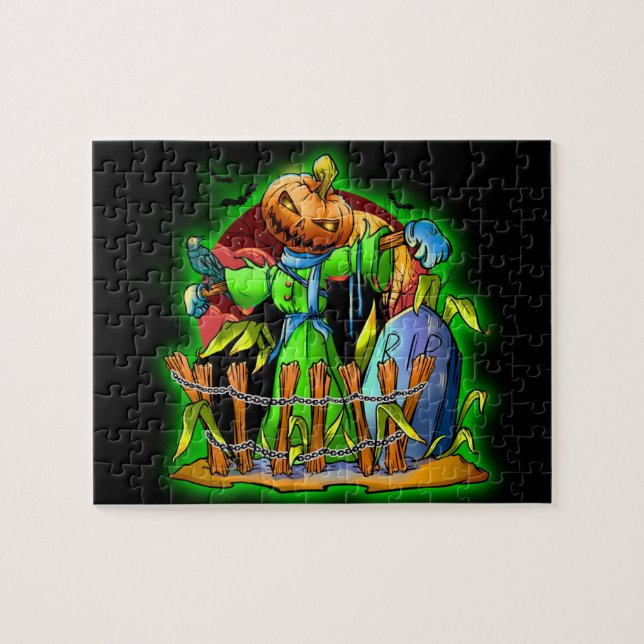 Puzzle Halloween Lady Scarecrow Citrouille Head RIP Bat (Horizontal)