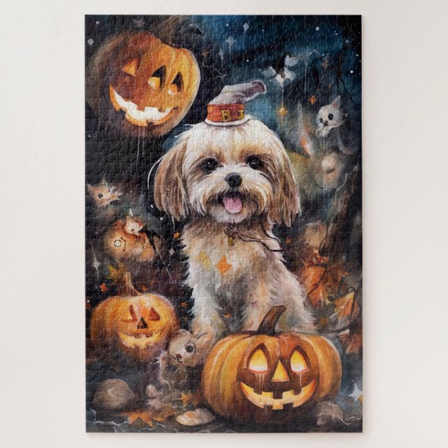 Puzzle Halloween Lhassa Apso Avec Peur Citrouille (Vertical)