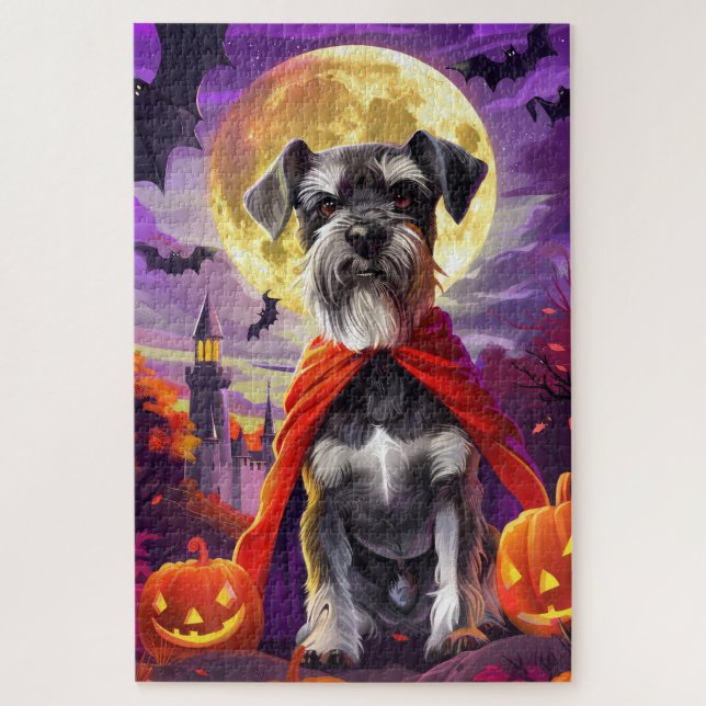 Puzzle Halloween Schnauzer Vampire Citrouilles peur (Vertical)