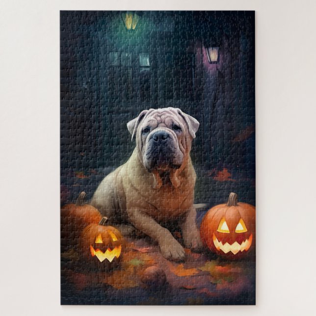 Puzzle Halloween Shar Pei avec citrouilles effrayant (Vertical)