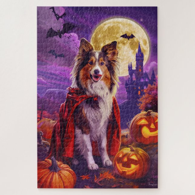 Puzzle Halloween Shetland Sheepdog Vampire Citrouilles Ép (Vertical)